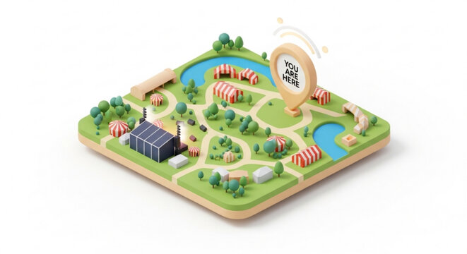 Isometric 3d illustration of a vibrant festival or fairground with colorful tents green grass blue rivers and a large sign that says 'you are here' on a white background