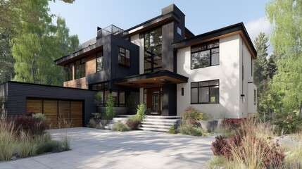 Fototapeta premium Modern architectural design of a contemporary home with bold lines, large windows, and lush landscaping in a serene suburban setting