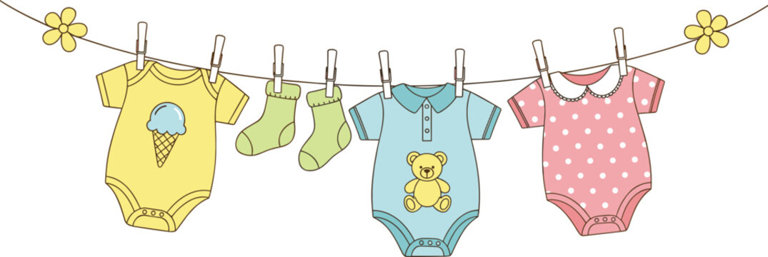 Cute baby clothes hanging on rope with bodysuits socks and accessories newborn laundry vector illustration set