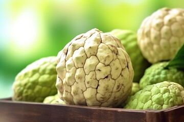 Obraz premium Fresh Custard Apples with Green Leaves – Tropical Fruit on Pastel Background