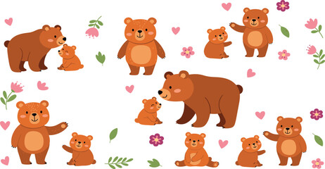 Fototapeta premium Cute bear family collection with mother and baby cubs cartoon animals love theme vector illustration set