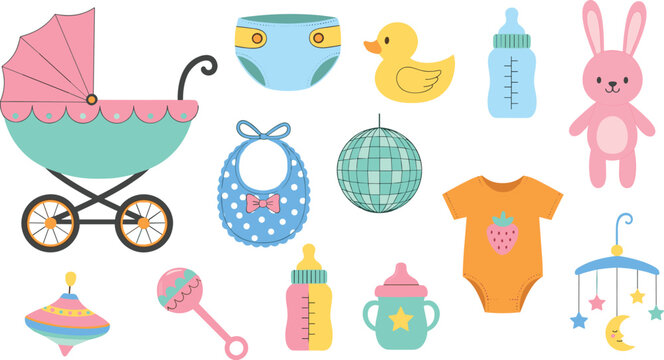 Cute baby items collection with stroller toys clothes bottle pacifier and accessories cartoon vector illustration set