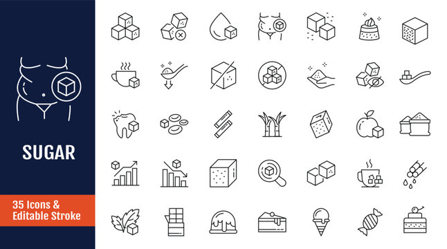 Sugar Icons set. Includes glucose, stevia, sweets, and more. Outline icon with Editable stroke. Vector illustration