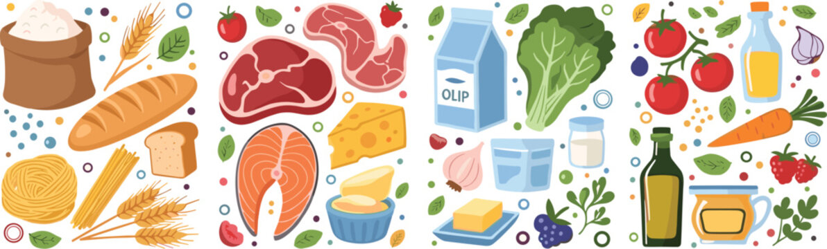 Food ingredients collection with meat fish dairy bread vegetables and fruits cooking vector illustration set isolated