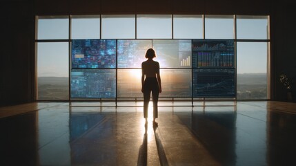 Fototapeta premium Businessperson stands in front of large screens showing data and graphs at sunset in modern office