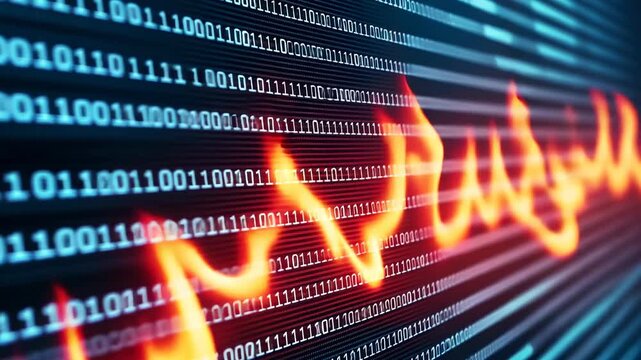 Dynamic binary data stream with vibrant energy waves in a digital matrix