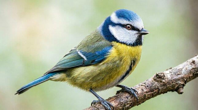 Stunning close-up portrait of colorful Eurasian Blue Tit bird perched on natural branch with vibrant blue, yellow and white plumage against soft green bokeh background, professional wildlife photograp