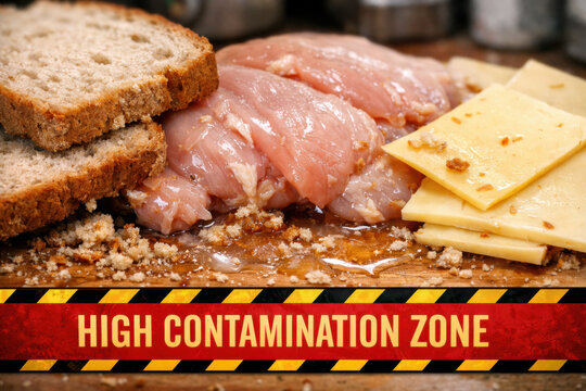 Dangerous high contamination zone with raw poultry touching sliced bread and cheese. This food safety theme highlights public health risk from raw juices and crumbs on kitchen table