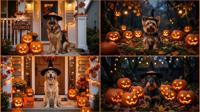 Halloween dog decorations with jack o lanterns and spooky lights