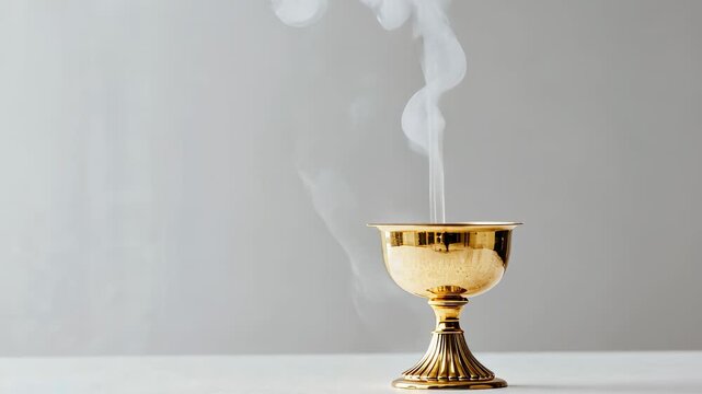 Gold chalice emitting soft smoke in serene minimalist setting with timeless elegance