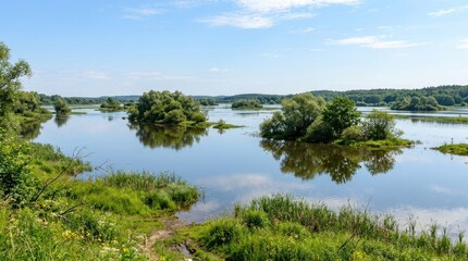 Fototapeta premium Serene river landscape with lush greenery and reflections