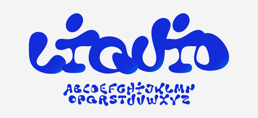 Liquid font logo alphabet, blue water fluid effect letters, aqua bubble typography. Abstract psychedelic abc set, drop blob text. Retro funky balloon typographic design. Groovy. Vector Typeface © artyway
