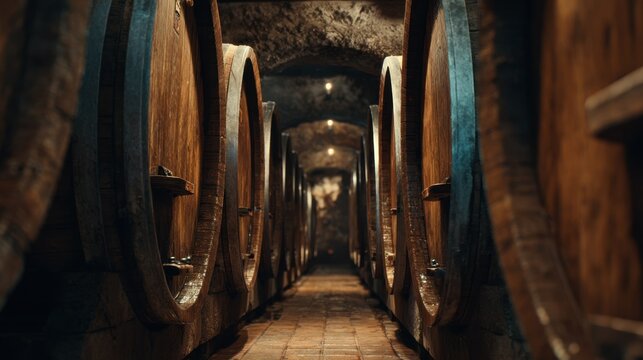 Long row of wooden barrels in a dark cellar showing the aging process of wine in a winery