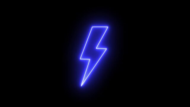 Glowing neon lightning bolt icon animation on black background, futuristic neon thunderbolt icon loop motion graphic.