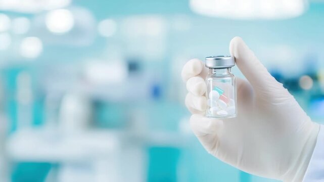 Gloved hand holding medical vial in clinical laboratory setting