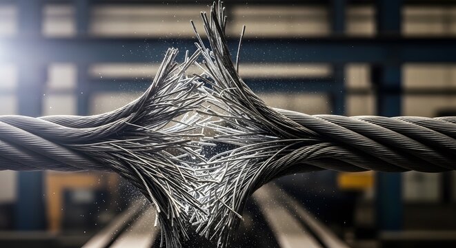 Close-up of a frayed steel cable snapping under extreme tension.