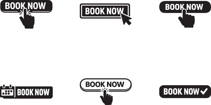 Book now button icons set for web and app UI booking action flat vector EPS editable design.