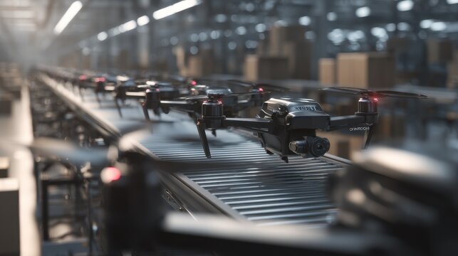Drones fly along a conveyor belt in a large warehouse during a busy workday for delivery operations