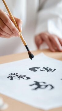 Hand painting elegant calligraphy strokes on paper in traditional art practice