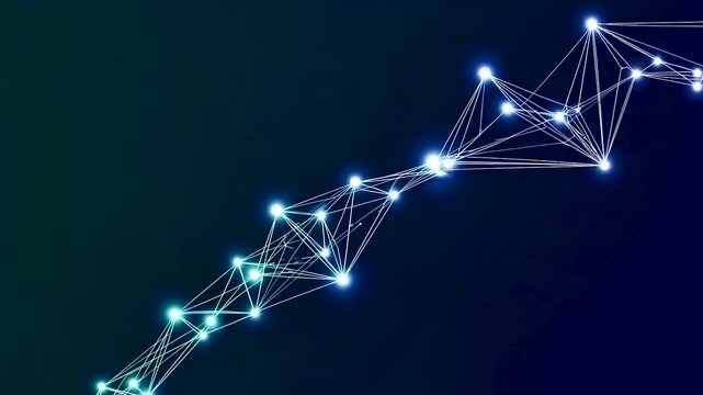A video of rotating polygonal lines glowing against a dark blue background, forming a DNA like structure that represents genetics, science, and modern digital visualization.