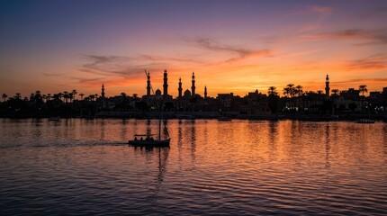 Naklejka premium Serene sunset over a body of water with a silhouetted cityscape