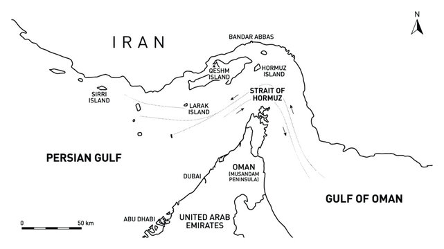 Map of Strait of Hormuz Persian Gulf Oman region, and United Arab Emirates