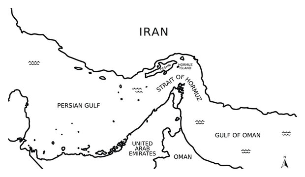 Map of Strait of Hormuz, Iran, Oman, United Arab Emirates and Persian Gulf