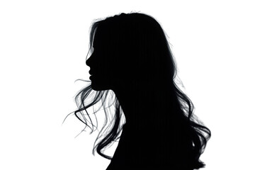 Naklejka premium Woman profile silhouette with long flowing hair, showing mystery, elegance, and anonymity on a transparent background