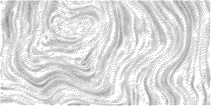 Pointillism style topography illustration, black dots, topographic contour lines map