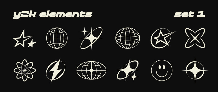 Collection of different y2k design elements. Bright firework, decoration twinkle, shiny flash and globe grids with stars. Glowing light effect collection. Vector graphic design