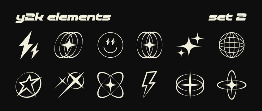 Collection of different y2k design elements. Bright firework, decoration twinkle, shiny flash and globe grids with stars. Glowing light effect collection. Vector graphic design