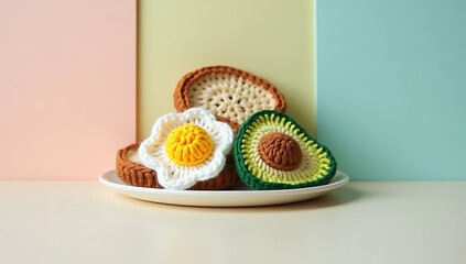 Realistic crochet fruits like kiwi, orange, apple arranged in flat lay composition, soft shadows, neutral background