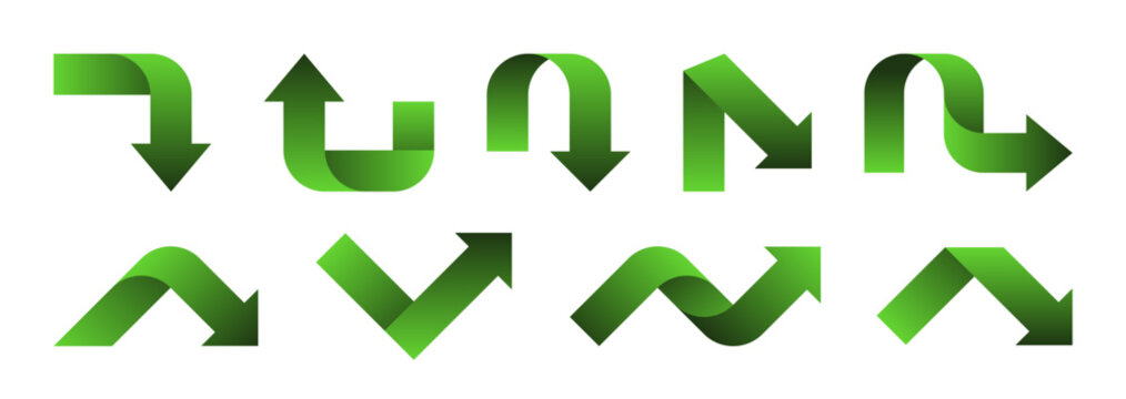 Collection of different green arrows pointing up, down, left and right. Arrows pointers in different configurations. Signs design for navigation, movement, direction or play. Vector illustration