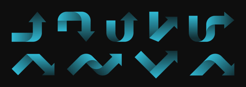 Collection of different blue arrows pointing up, down, left and right. Arrows pointers in different configurations. Signs design for navigation, movement, direction or play. Vector illustration