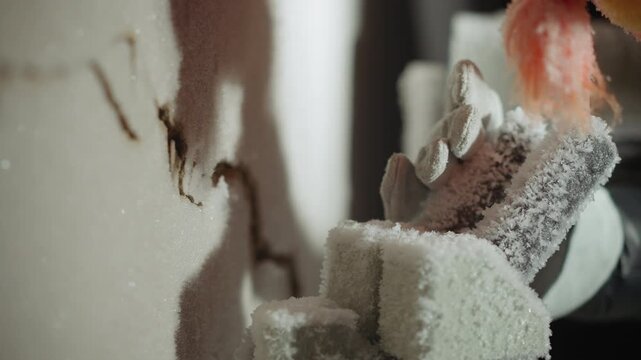 Frosted doll face and gloved hand, nuclear winter aftermath closeup of porcelain toy coated in ash and ice, orange hair matted, cracked fabric, dust particles, silent scene of abandonment and loss