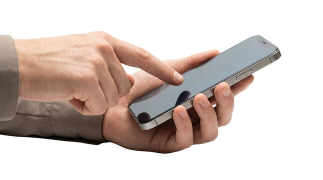 Male hand touches screen of a silver mobile phone to use app isolated transparent background image