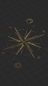 Golden wind rose compass animation. Minimal monochrome navigation symbol. Geographic direction concept. Seamless loop.