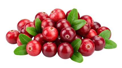 Obraz premium Fresh red cranberries with green leaves arranged on a solid white surface solid white background and no background
