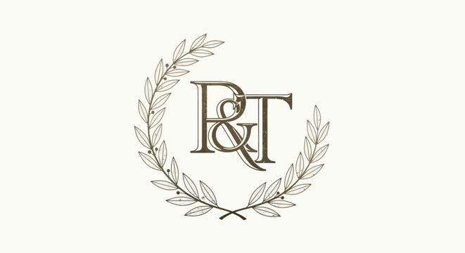 Elegant P T ampersand monogram logo with laurel wreath