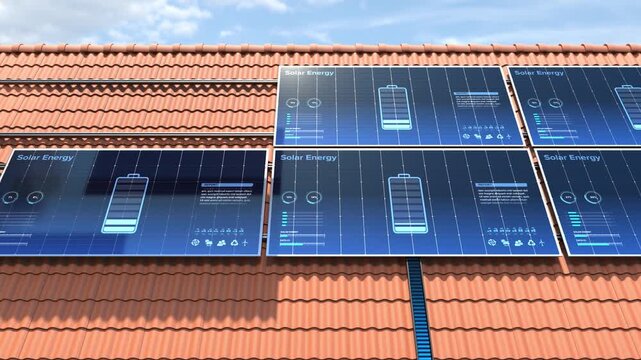 Solar Panels Installed on Rooftop with digital display data, Green energy concept. 3D render