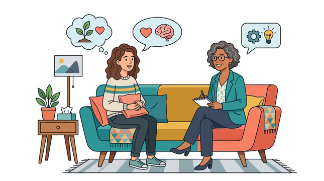 Psychological therapy session between two women on a couch.
