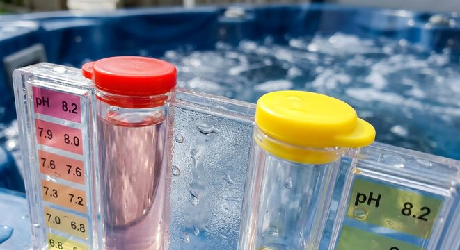 A close-up shot of a water quality testing kit with a pH indicator at a residential outdoor swimming pool during a bright sunny morning, representing home maintenance and chemical balance.