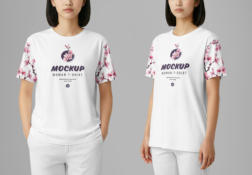 Asian Woman T-Shirt Mockup Set &ndash; Front and Half-Side Views
