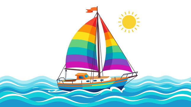 Rainbow Sailboat Sailing on Blue Ocean Waves.