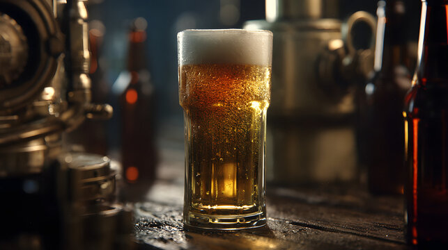 Glass mug of cold beer with foam head on bar counter with bottles in background