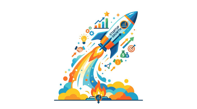 Rocket Launching with Business Growth Icons and Charts.