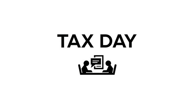A minimalist vector graphic illustration of two people working on tax day with a computer and paperwork