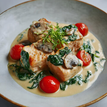 Salmon cubes with creamy spinach and mushrooms in gourmet style on plate with fresh vegetables