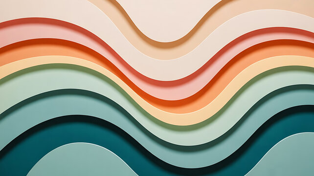 A vibrant and colorful abstract composition displays multiple undulating layers of brightly hued paper arranged in a captivating wave pattern.