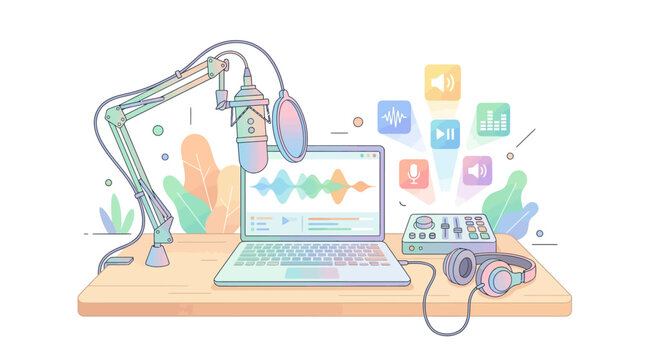 Podcast Recording Studio Setup with Laptop and Microphone.